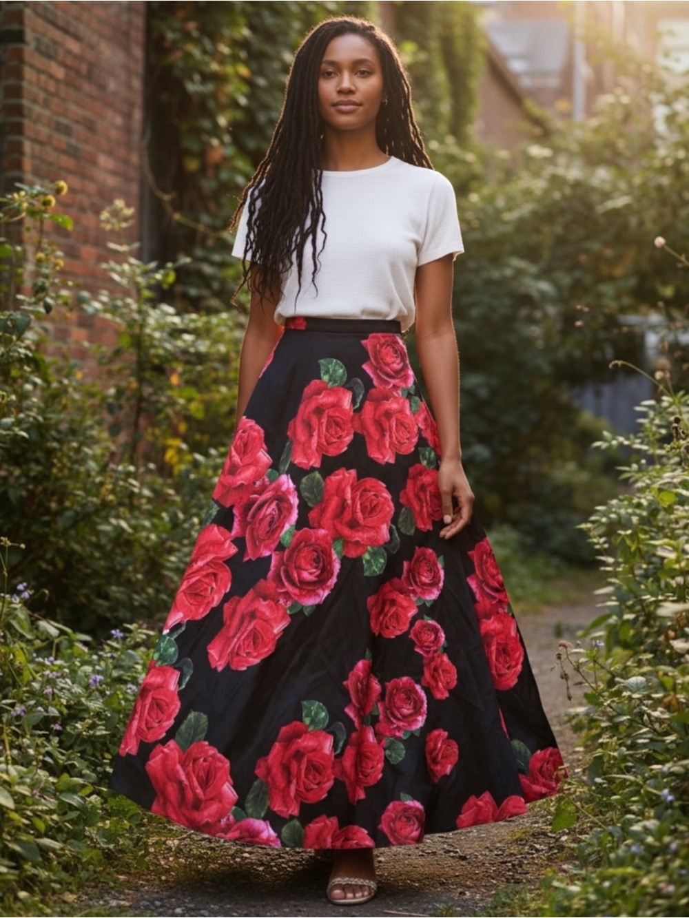 B. Darlin Red & Black Rose Print High Waist Floor Length Full Skirt